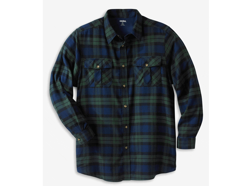 Tartan holiday plaid flannel shirt with horn buttons and chest pocket, made from soft brushed cotton for winter layering.