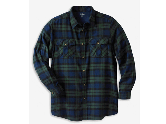 Tartan holiday plaid flannel shirt with horn buttons and chest pocket, made from soft brushed cotton for winter layering.