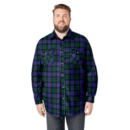 Tartan plaid flannel shirt with button-down collar and chest pocket, ideal for layering in winter.