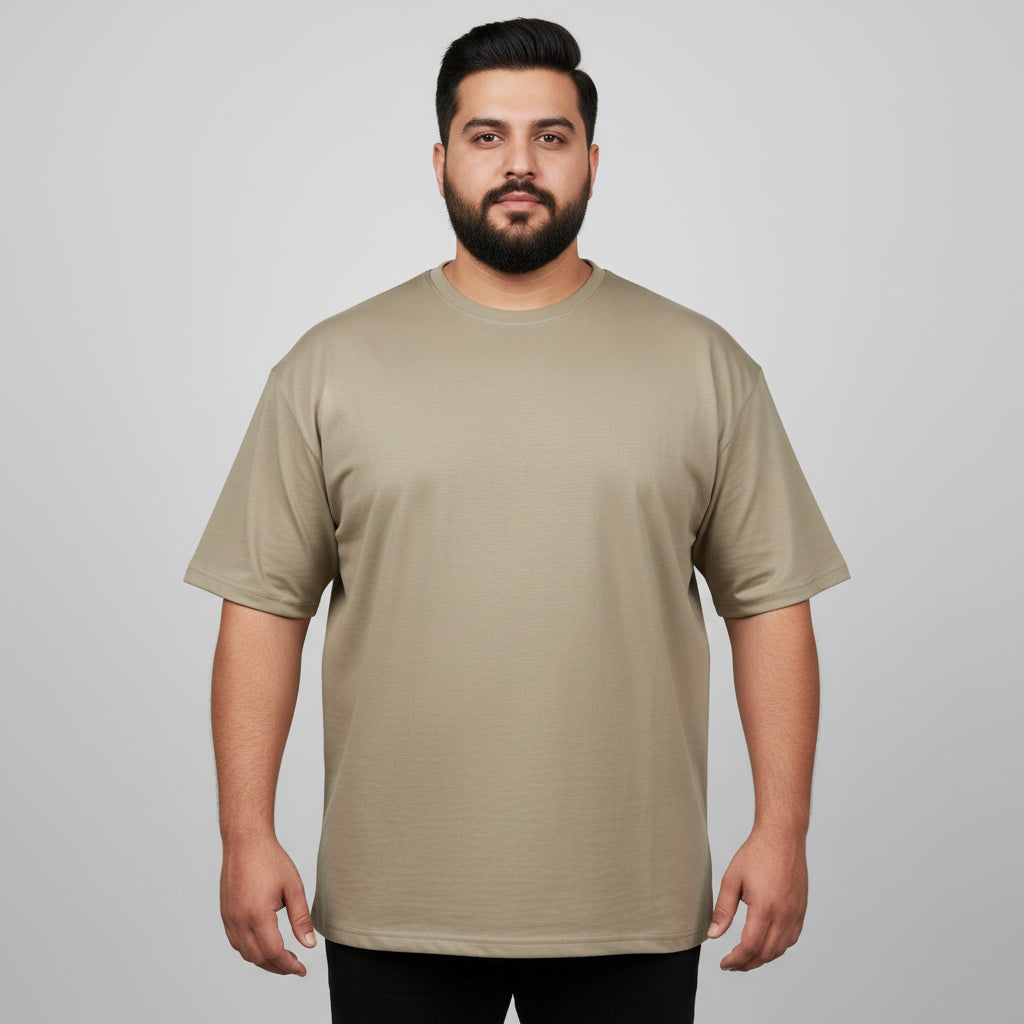 Taupe essential crewneck T-shirt in cotton terry fabric with half sleeves and plain casual design.