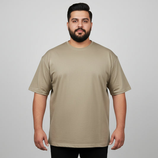 Taupe essential crewneck T-shirt in cotton terry fabric with half sleeves and plain casual design.