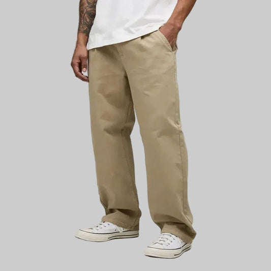 Men’s taupe wide-leg pants with relaxed fit and neutral tone