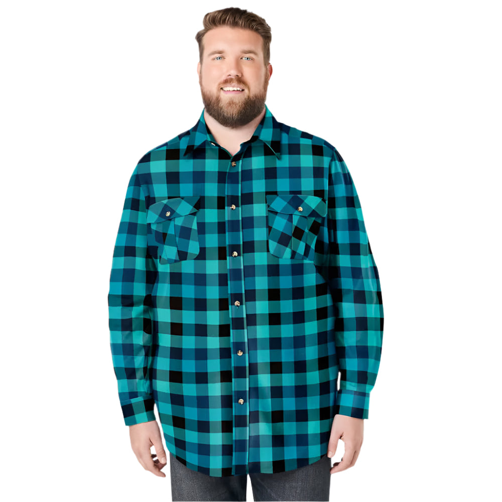 Teal check plaid flannel shirt with button-front, flap chest pockets, and classic collar 