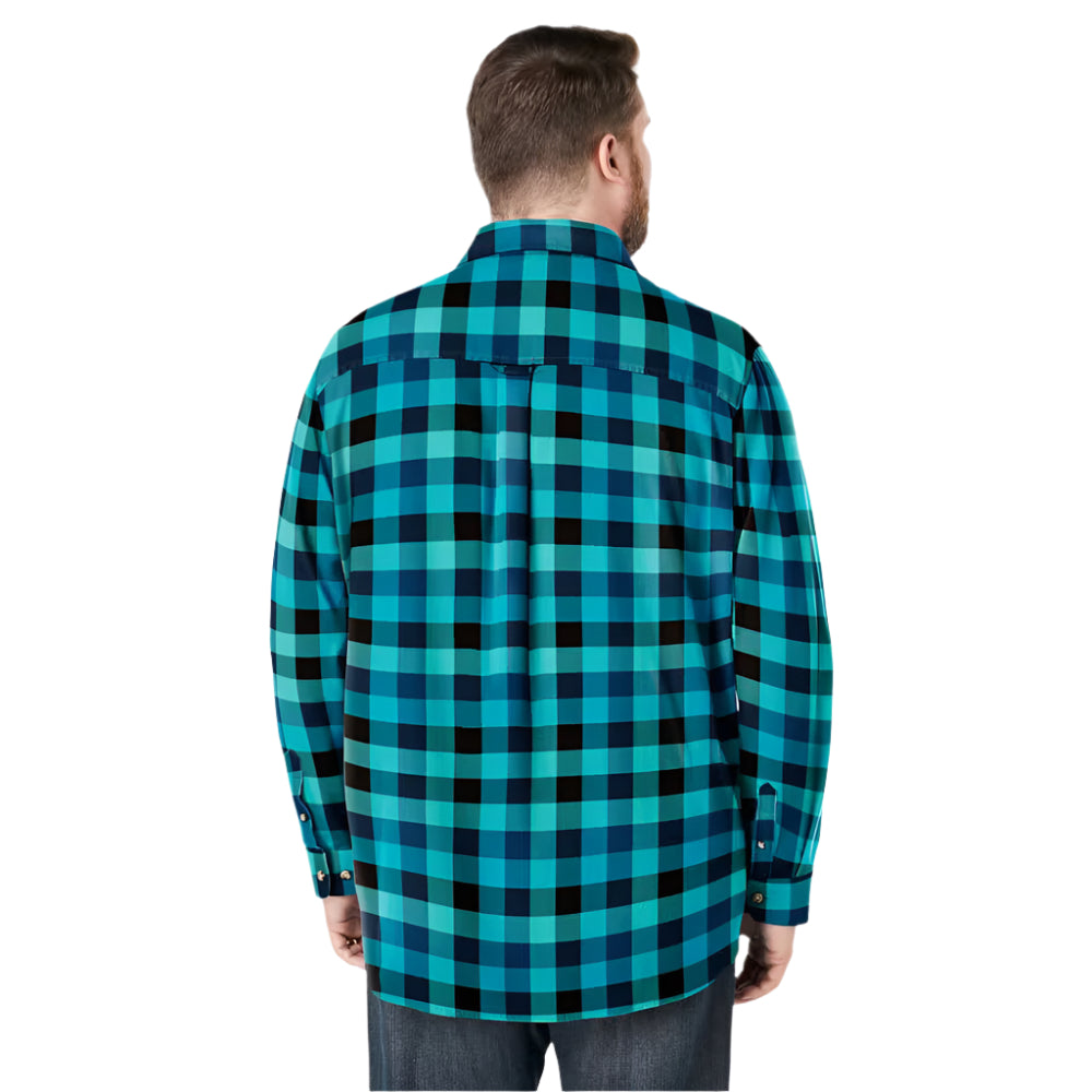 Teal check plaid flannel shirt with button-front, flap chest pockets, and classic collar 
