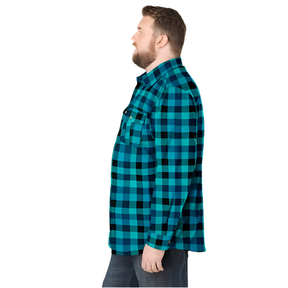 Teal check plaid flannel shirt with button-front, flap chest pockets, and classic collar 