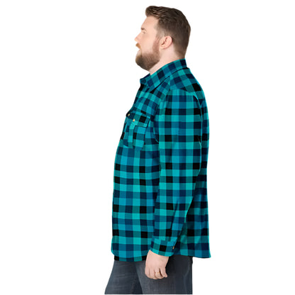 Teal check plaid flannel shirt with button-front, flap chest pockets, and classic collar 