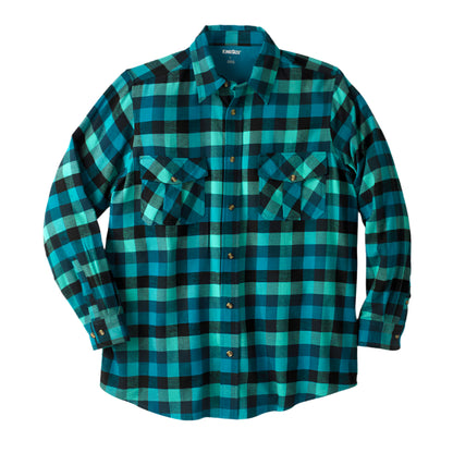 Teal check plaid flannel shirt with button-front, flap chest pockets, and classic collar 