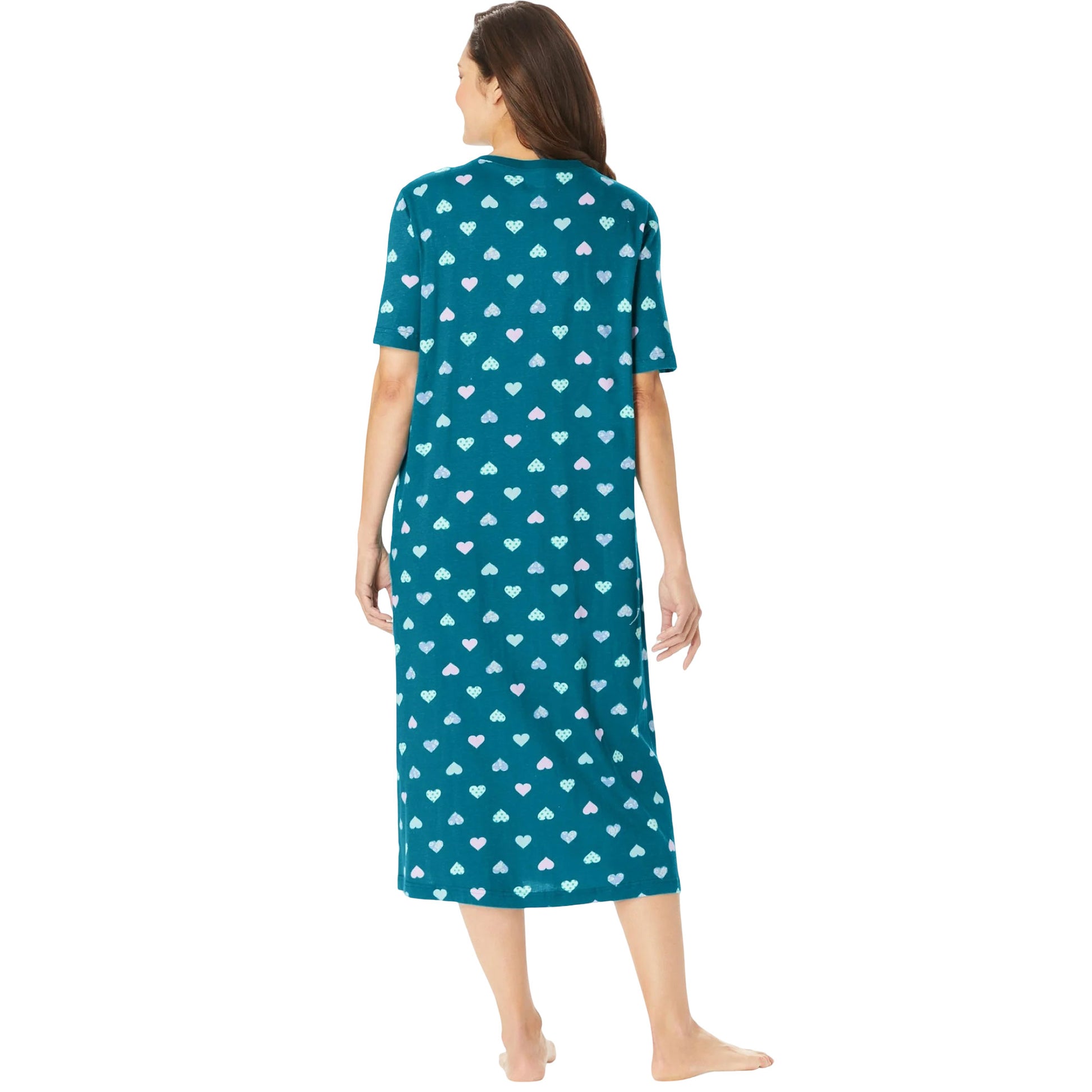 teal printed sleepshirt with heart pattern and short sleeves
