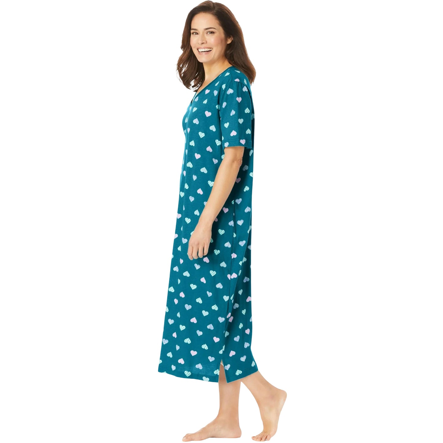teal printed sleepshirt with heart pattern and short sleeves