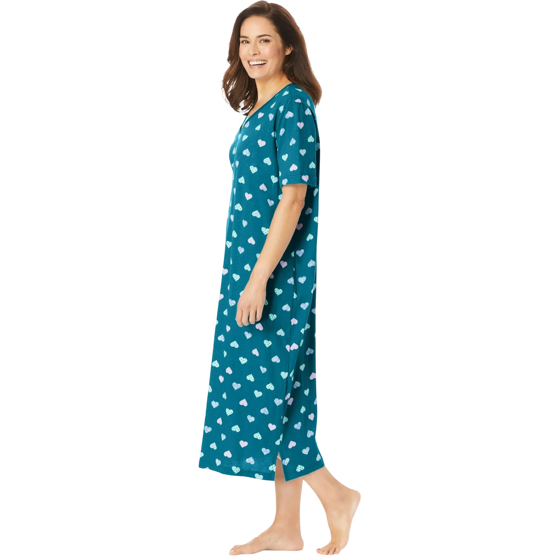 teal printed sleepshirt with heart pattern and short sleeves