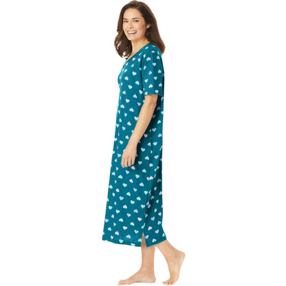 teal printed sleepshirt with heart pattern and short sleeves
