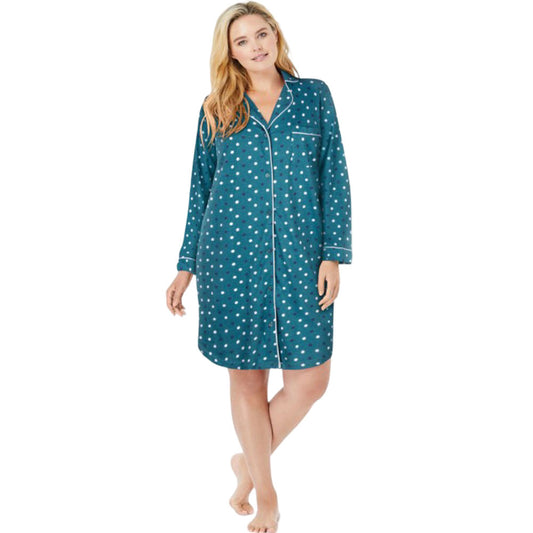 Plus size teal polka dot sleep shirt with white piping and button front