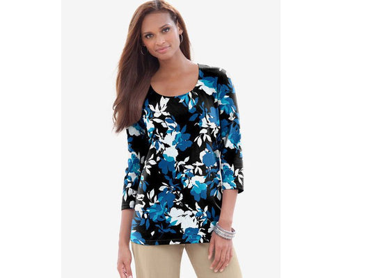 Teal Shadow Floral Plus Size Women Scoop Neck T-Shirt PSW-5699