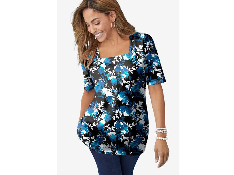 Teal Shadow Floral Plus Size Women Square Neck T-Shirt PSW-6575