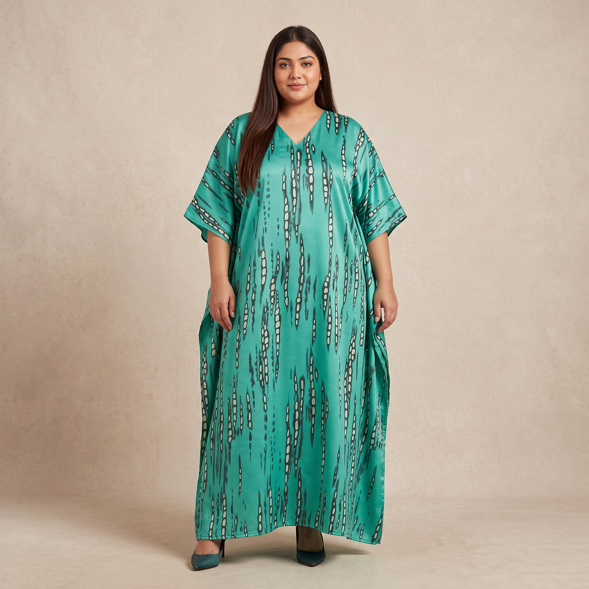 Teal Abstract Print Maxi Kaftan for Women with Relaxed V-Neckline and Wide Flowing Sleeves