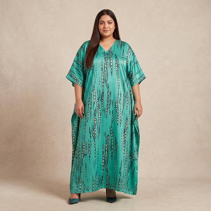 Teal Abstract Print Maxi Kaftan for Women with Relaxed V-Neckline and Wide Flowing Sleeves