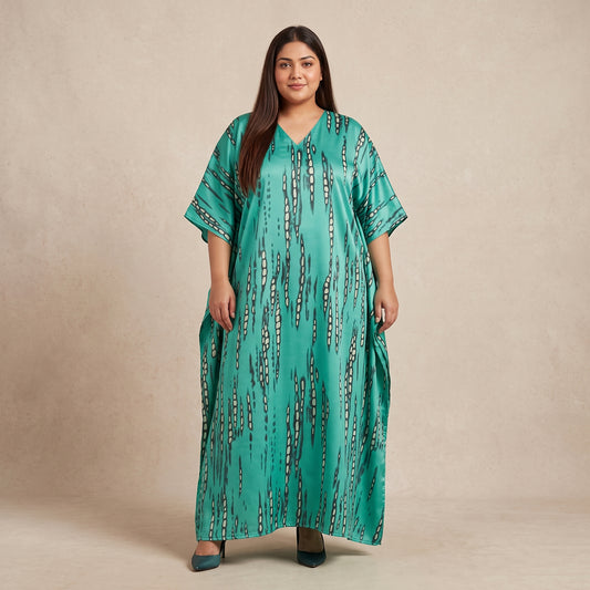 Teal Abstract Print Maxi Kaftan for Women with Relaxed V-Neckline and Wide Flowing Sleeves