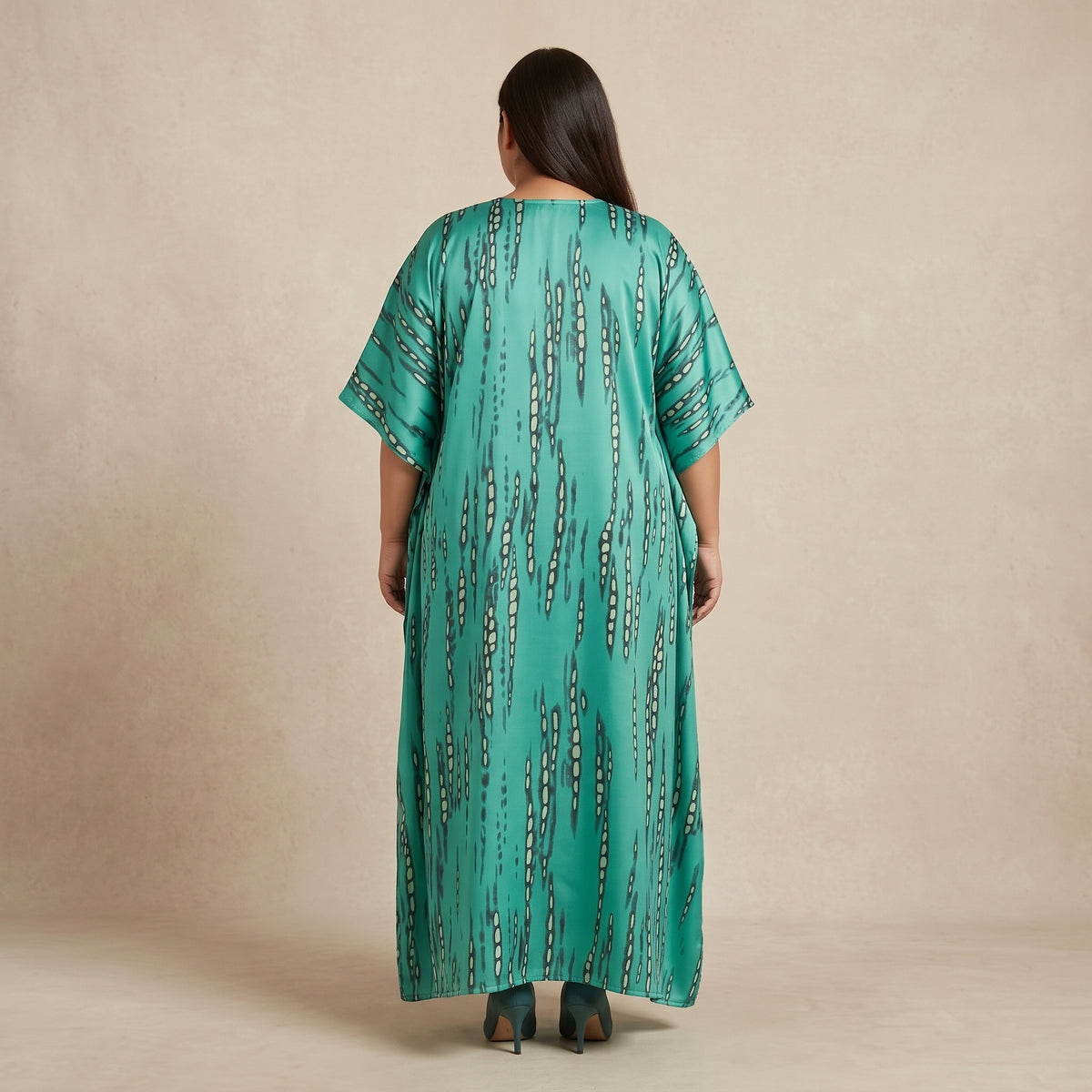 Teal Abstract Print Maxi Kaftan for Women with Relaxed V-Neckline and Wide Flowing Sleeves