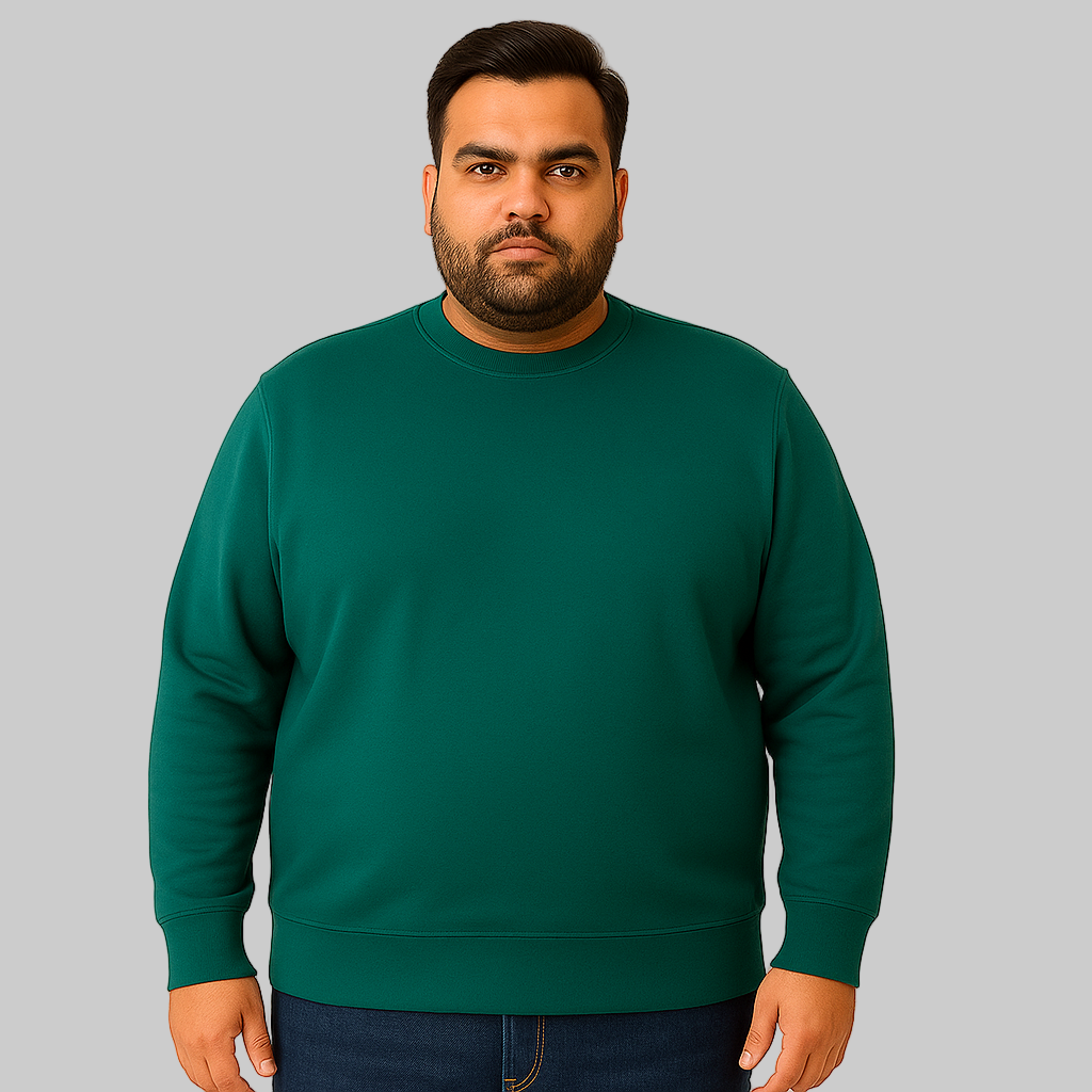 Teal Fleece Crewneck Sweatshirt for men with ribbed cuffs and hem — soft cotton-blend casual pullover.