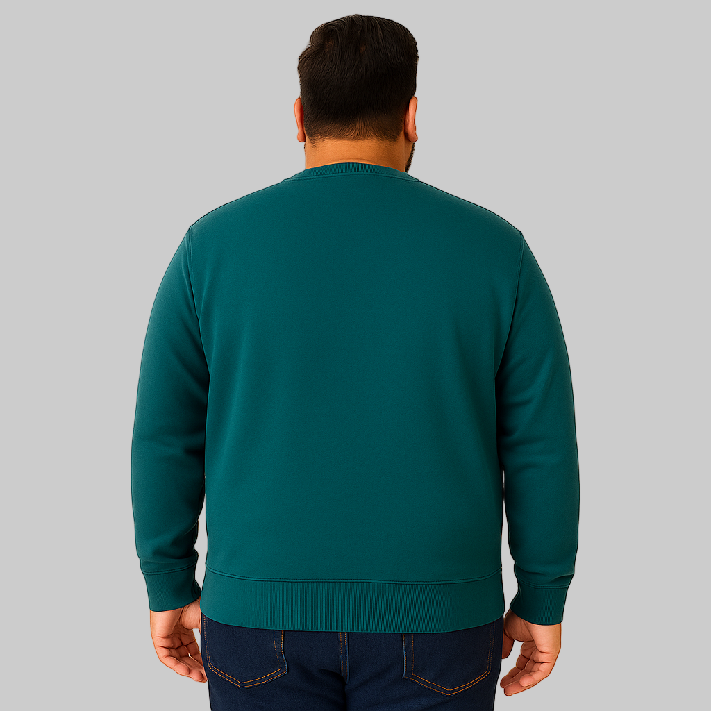 Teal Fleece Crewneck Sweatshirt for men with ribbed cuffs and hem — soft cotton-blend casual pullover.