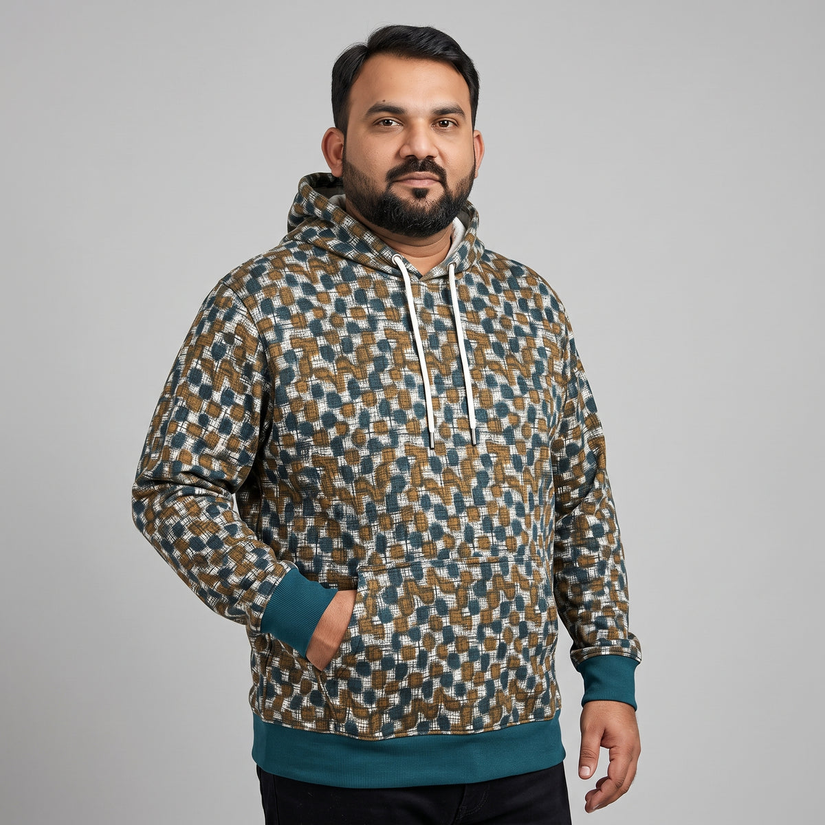 Teal Green Trim Fleece Pullover Hoodie for Men – Soft Fleece Fabric
