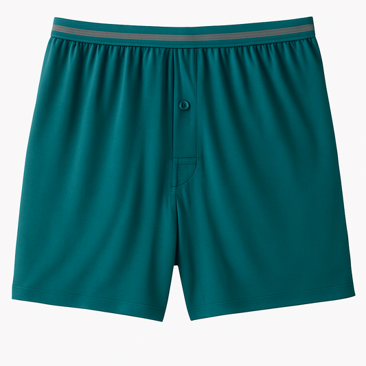 Teal Performance Flex Boxers with button fly and wide waistband, flat-lay view