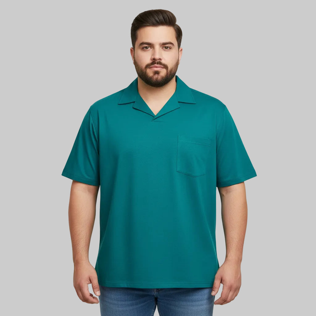 Teal plus size relaxed collar polo shirt with chest pocket front view laid flat.