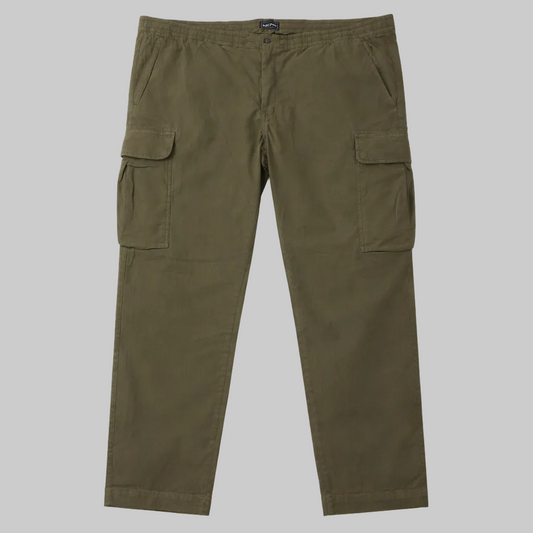 Men’s olive green straight fit cargo pants laid flat showing cargo pockets, waistband, and clean stitching on a white background.