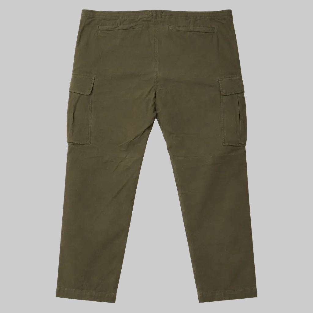 Men’s olive green straight fit cargo pants laid flat showing cargo pockets, waistband, and clean stitching on a white background.