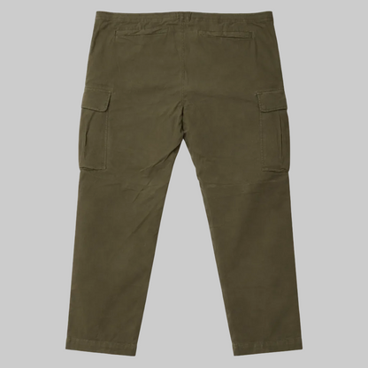 Men’s olive green straight fit cargo pants laid flat showing cargo pockets, waistband, and clean stitching on a white background.