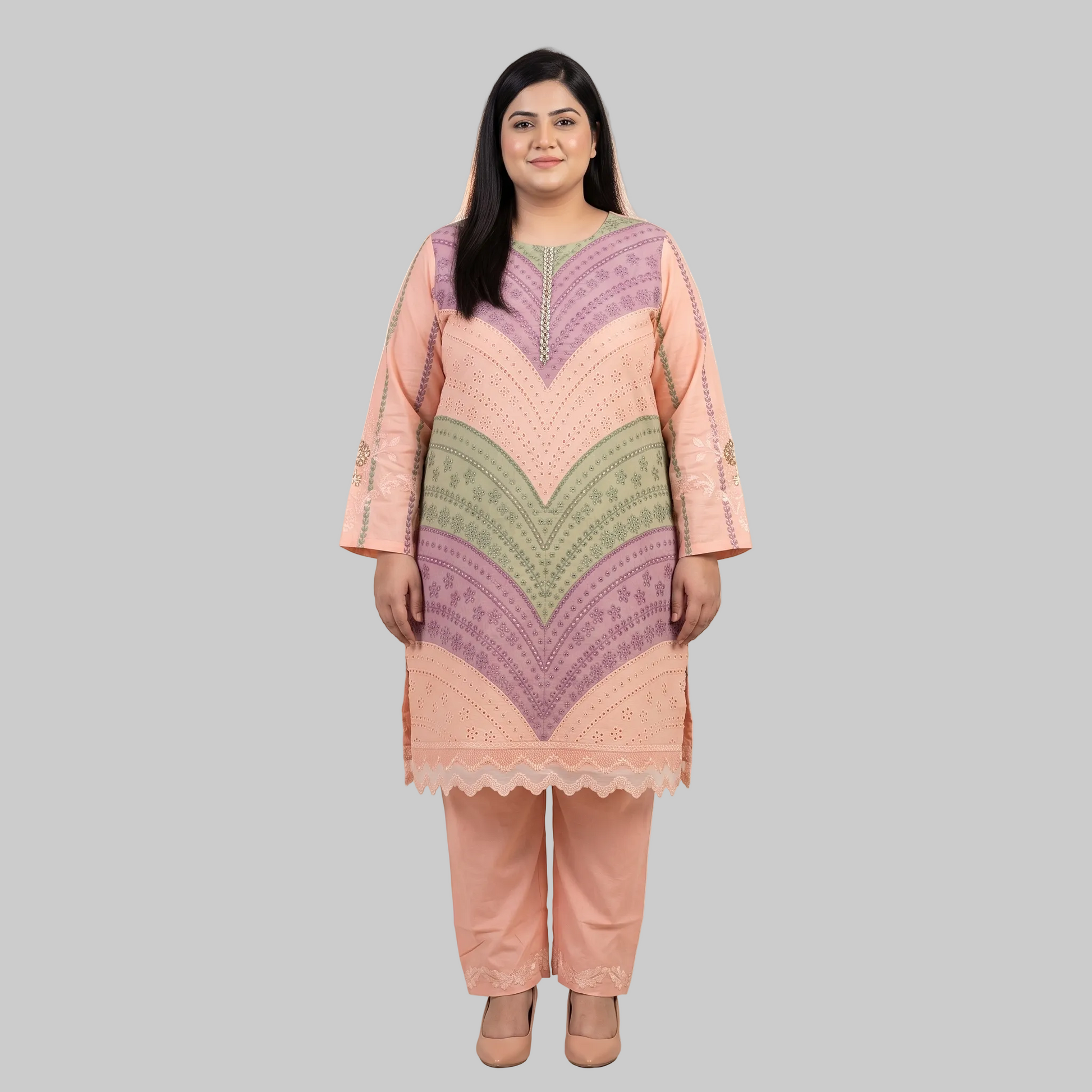 Tri-Color Pastel Wave Embroidered 3-Piece Cotton Lawn Suit for Women with Elegant Embroidery