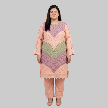 Tri-Color Pastel Wave Embroidered 3-Piece Cotton Lawn Suit for Women with Elegant Embroidery
