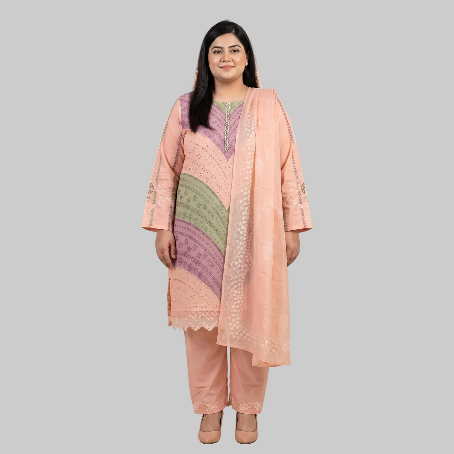Tri-Color Pastel Wave Embroidered 3-Piece Cotton Lawn Suit for Women with Elegant Embroidery