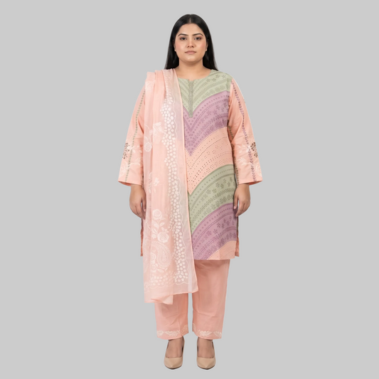 Tri-Color Pastel Wave Embroidered 3-Piece Cotton Lawn Suit for Women with Elegant Embroidery