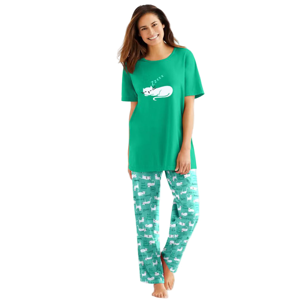“Tropical Emerald Graphic Tee Pajama Set – cotton sleepwear with graphic top and matching printed pants”