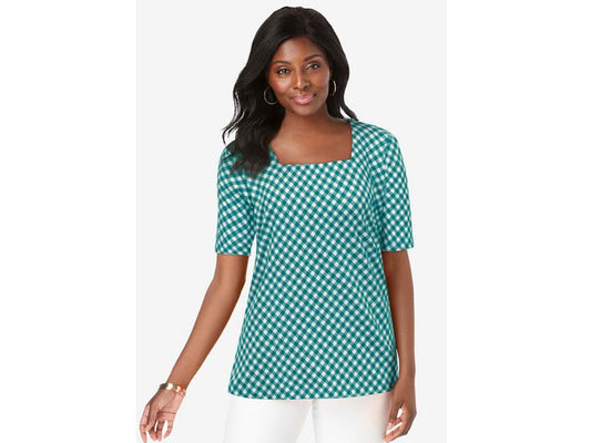 Tropical Teal Bias Mini Gingham Square Neck Tee PSW-6908