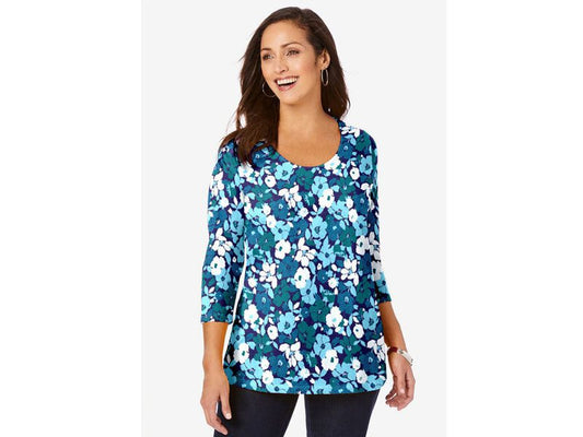 Tropical Teal Layered Flowers Scoop-Neck Tee PSW-7082