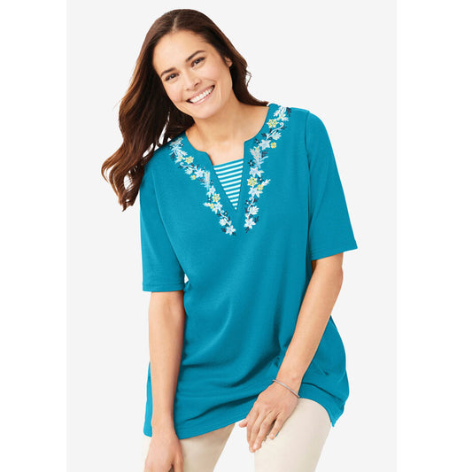 Turq Blue Flower Embroidery Layered Look Tunic PSW-8167