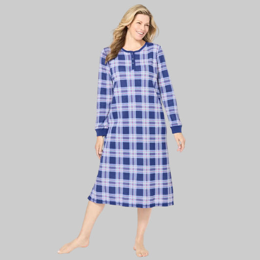 Ultra Blue Plaid Thermal Henley Nightgown with long sleeves, Henley neckline, side slits, and cozy cotton/poly thermal fabric.