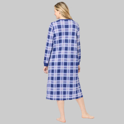 Ultra Blue Plaid Thermal Henley Nightgown with long sleeves, Henley neckline, side slits, and cozy cotton/poly thermal fabric.