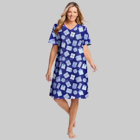 Ultra Blue Short Print Cotton Sleepshirt with playful present-themed prints, ribbed V-neck,
