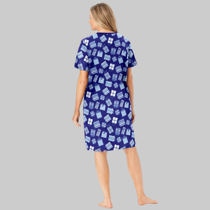 Ultra Blue Short Print Cotton Sleepshirt with playful present-themed prints, ribbed V-neck,