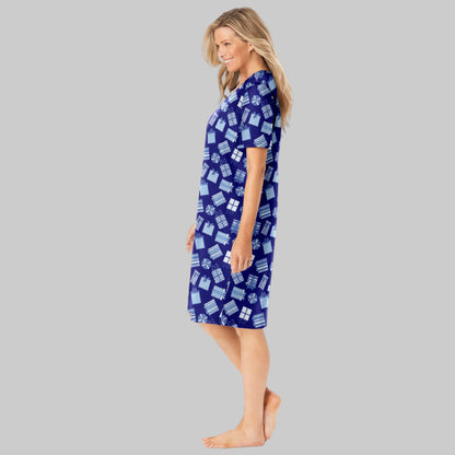 Ultra Blue Short Print Cotton Sleepshirt with playful present-themed prints, ribbed V-neck,