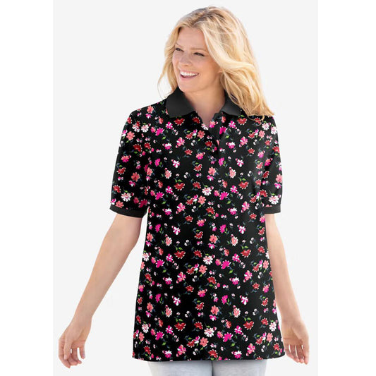 Black Multi Floral Elbow Short-Sleeve Polo Tunic PSW-9185