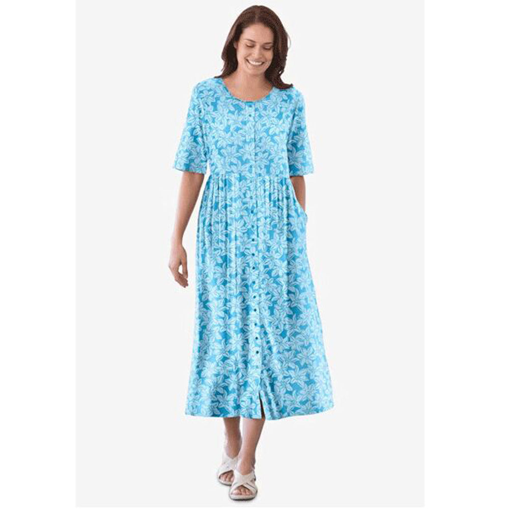 Paradise Blue Pretty Blossom Button-Front Essential Dress PSW-9126
