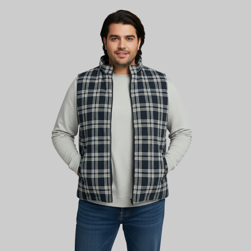 Navy Checkered Plus Size Sleeveless Puffer Vest PSM-9991