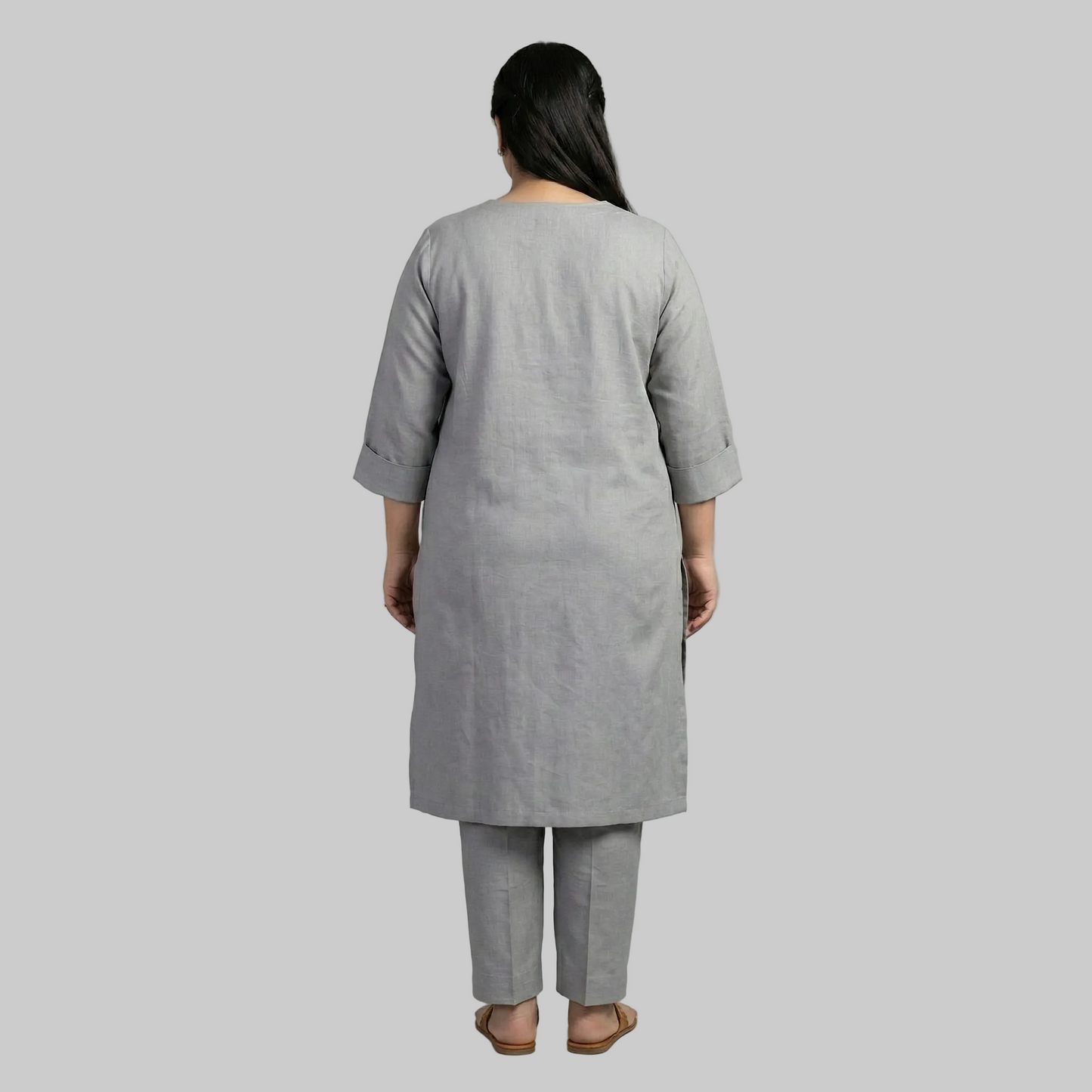 Urban Mist Cotton Co-Ord Set Back View - Person wearing a gray kurta with pants on a gray background