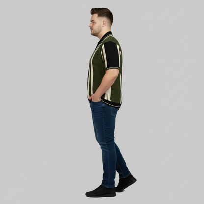 Olive & Black Vertical Stripe Zip Polo PSM-10635