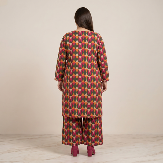 Woman wearing a patterned outfit with a beige background