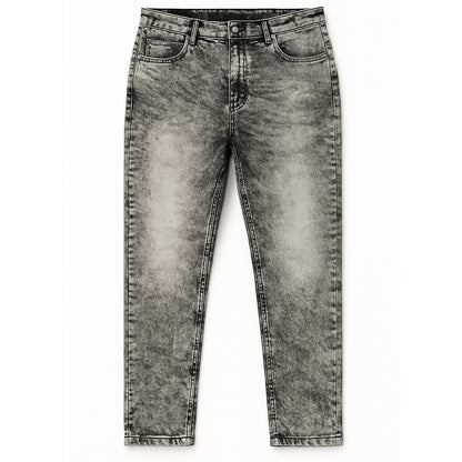 Vintage grey-black acid-wash straight-fit jeans with button fastening, zip fly, and 5-pocket styling.
